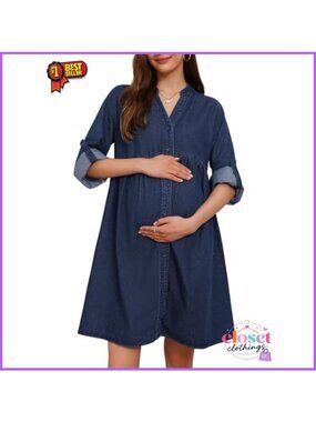 Maternity Denim Babydoll Dress Long Sleeve Button Down Cotton Casual